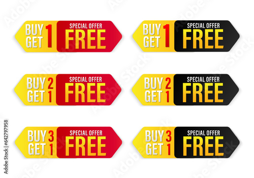 Set of buy 1 get 1 Free tags sale, Design red black, purple, orange, and yellow style, Banner design template for advertising. Special offer promotion or retail. Vector Illustration.