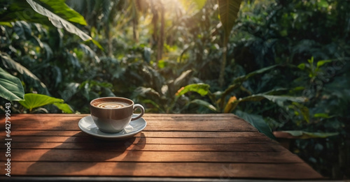 coffee mug on desk in plantation coffee background, generated by ai.