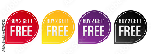 Set of buy 2 get 1 Free tags sale, Design red black, purple, orange, and yellow style, Banner design template for advertising. Special offer promotion or retail. Vector Illustration.