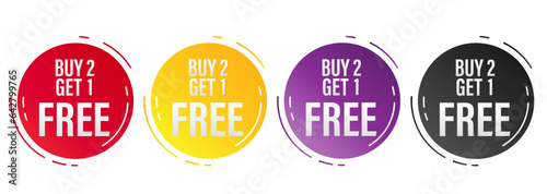 Set of buy 2 get 1 Free tags sale, Design red black, purple, orange, and yellow style, Banner design template for advertising. Special offer promotion or retail. Vector Illustration.
