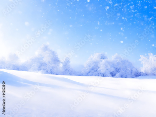 Winter snow background with snowdrifts, bokeh circles, and snowflakes on blue sky. Banner format with copy space