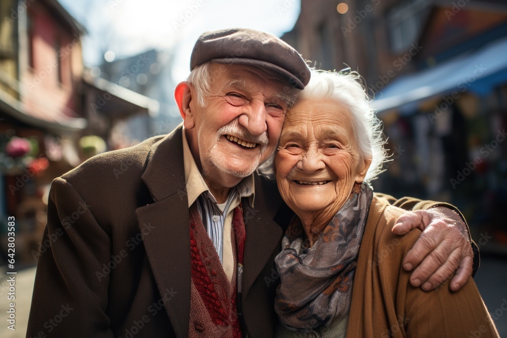 Obraz premium Portrait of an old man and woman, a husband and wife, laughing happily while traveling.