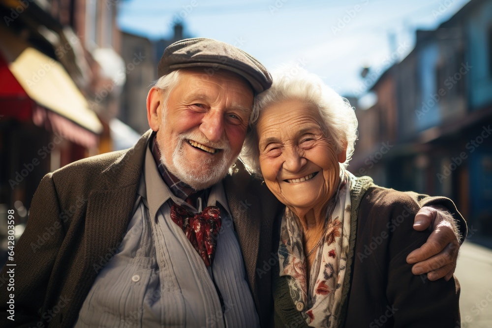 Portrait of an old man and woman, a husband and wife, laughing happily while traveling.