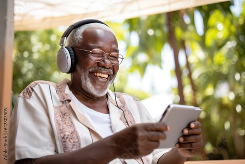 African old man laughing happily on social media on computer tablet