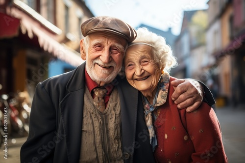 Portrait of an old man and woman, a husband and wife, laughing happily while traveling.