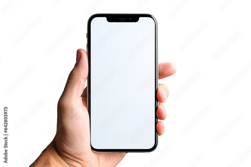 Hand holding the Phone with a mockup white blank screen isolated PNG Hand holding the Phone with a mockup white blank screen isolated PNG