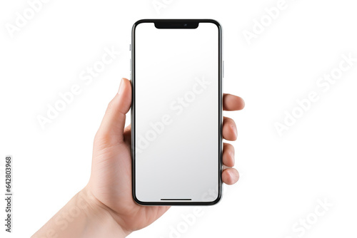 Hand holding the Phone with a mockup white blank screen isolated PNG