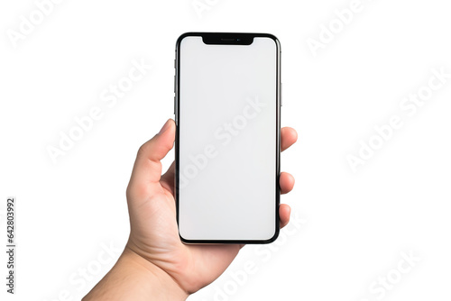 Hand holding the Phone with a mockup white blank screen isolated PNG