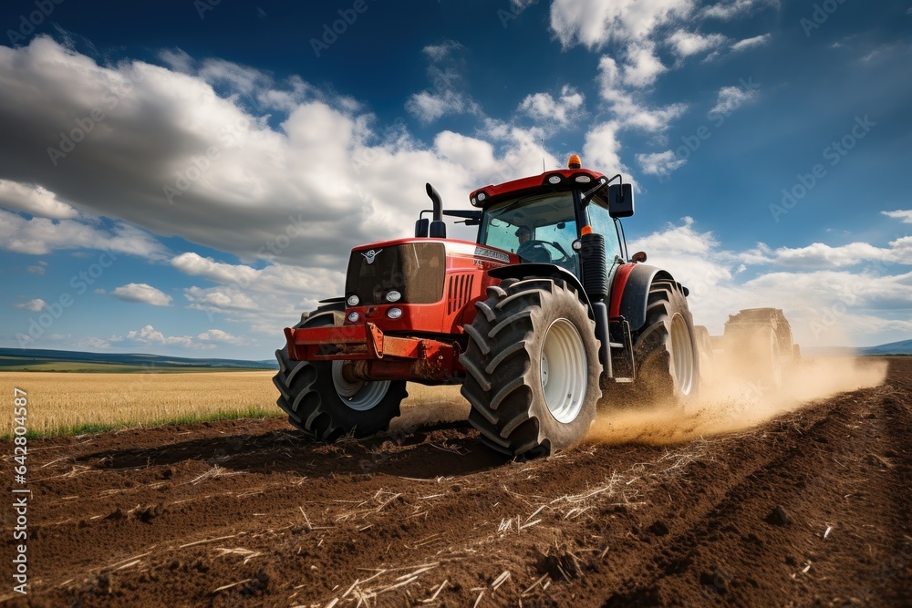The tractor drills grain at the field. agricultural activities The tractor drills grain at the field. agricultural activities