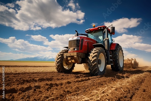 The tractor drills grain at the field. agricultural activities