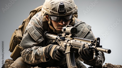 GOVERNMENT SOLDIER IN BATTLE, RIFLE READY FOR COMBAT