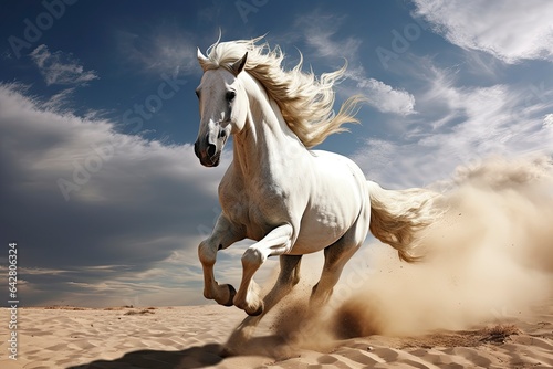 A majestic white horse galloping freely on a sunlit beach created with Generative AI technology