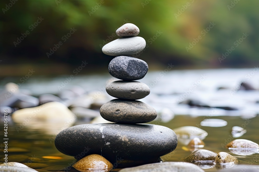 A stack of zen rocks balanced on a riverbank created with Generative AI technology