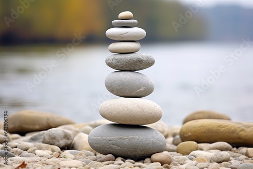 A balanced stack of zen rocks on a rugged beach created with Generative AI technology