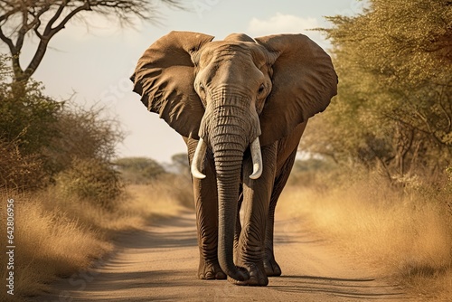 A majestic elephant strolling along a dusty road created with Generative AI technology