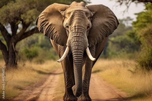 A majestic elephant strolling along a dusty road created with Generative AI technology © Karlaage