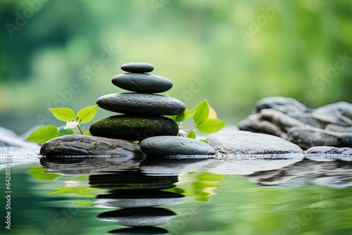A stack of zen rocks balancing on water's surface created with Generative AI technology