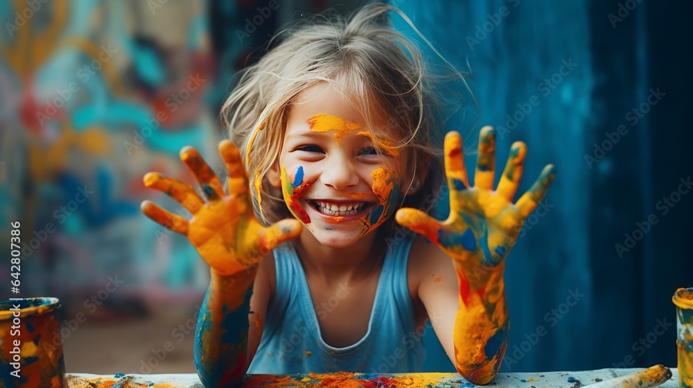 funny child girl draws laughing shows hands dirty with paint, concept joy of life - obrazy, fototapety, plakaty 