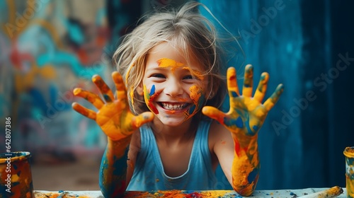 funny child girl draws laughing shows hands dirty with paint, concept joy of life