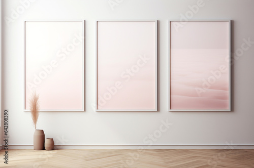 Mockup three paintings on the wall. Autumn interior design. Generative AI