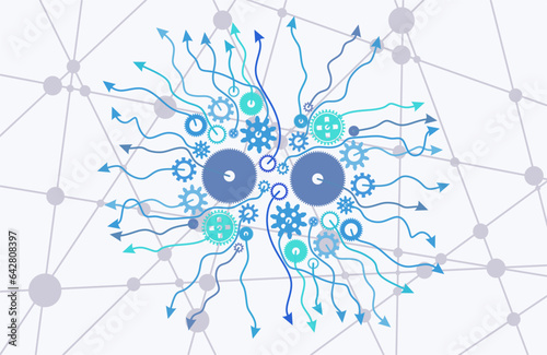 Artificial Intelligence hardware concept. Mechanism of gears with arrows. Big data processing, ai trading, machine learning, technology. Connected lines with dots