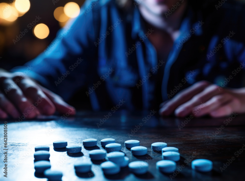 Fototapeta premium Young drug user staring at blue oxycodon pills on a table