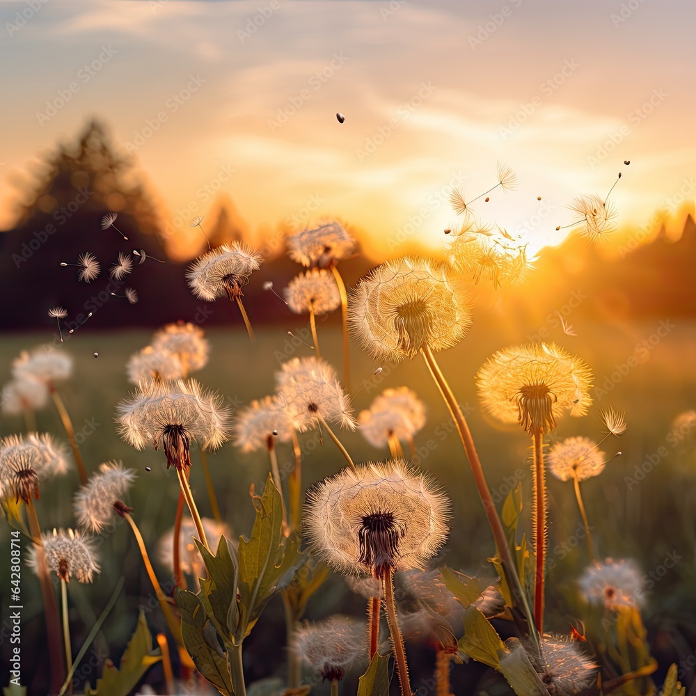 some white flowers with the sun setting in the background, and a field of dandels on the other side