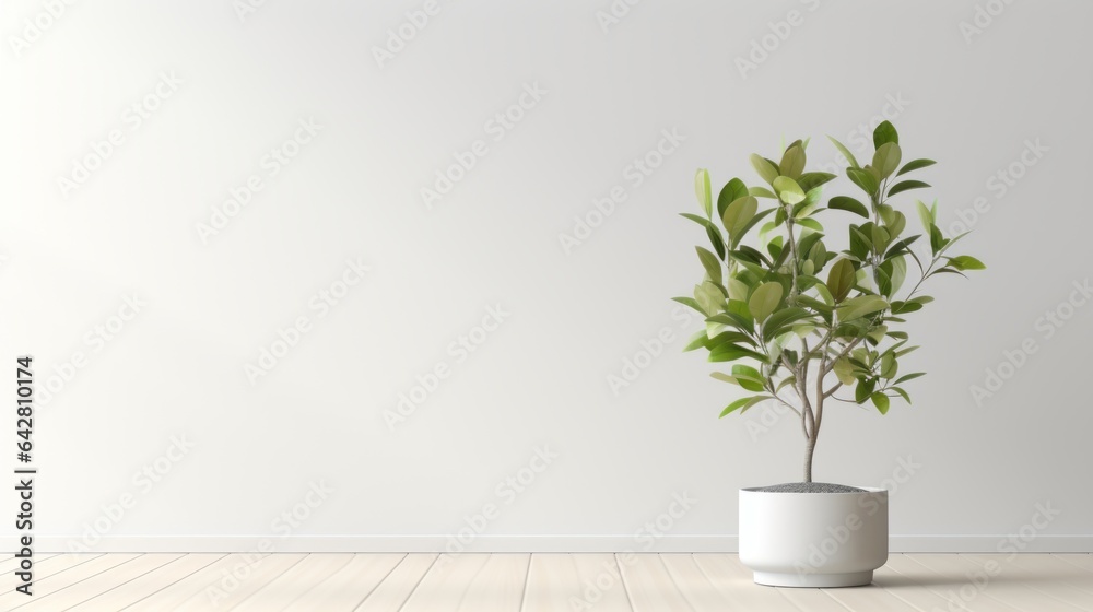 Minimalistic home with light neutral color background interior wall with natural lighting background with vase, green plant, mock up with copy space banner graphic layout. Generative AI 
