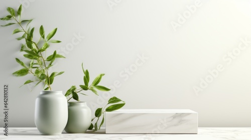 Minimalistic home with light neutral color background interior wall with natural lighting background with vase  green plant  mock up with copy space banner graphic layout. Generative AI 