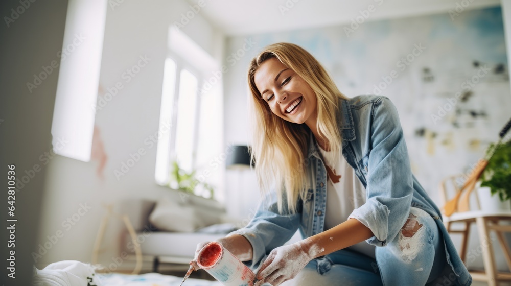 Young woman applying paint on wall in apartment a young woman paints the walls with a roller home interior renovate concept Young woman applying paint on wall in apartment a young woman paints the walls with a roller home interior renovate concept