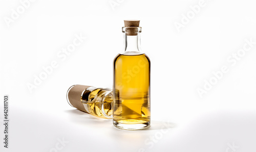 Bottle of olive oil with olives. Glass bottle with oil on a white background