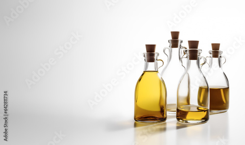 Bottles of olive oil. Glass bottles with olive, sunflower oil on a gray background