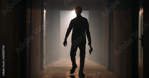 backlighting of a man in the dark of a foggy night and a light behind the model. criminal carrying an axe in hallway of old house. Maniac carrying a murderous weapon escaping from crime scene