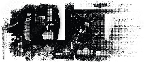 Glitch distorted grange shape . Noise grungy logo . Trendy defect error shapes . Glitched frame .Grunge textured . Distressed effect .Vector shapes with a halftone dots screen print texture.