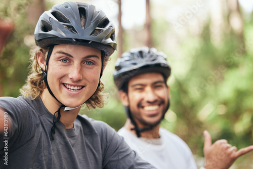 Cycling, selfie and portrait of friends in nature for fitness training, exercise and sports workout with helmet in Norway. Wellness, travel and people for social media in countryside for adventure