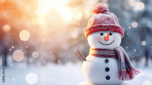 Christmas holiday banner of funny smiling snowman with wool hat and scarf © Veniamin Kraskov