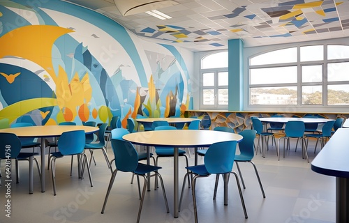 an office with blue chairs and colorful wall mural in the middle school's reading room photo by person, courtesy on flickonly com