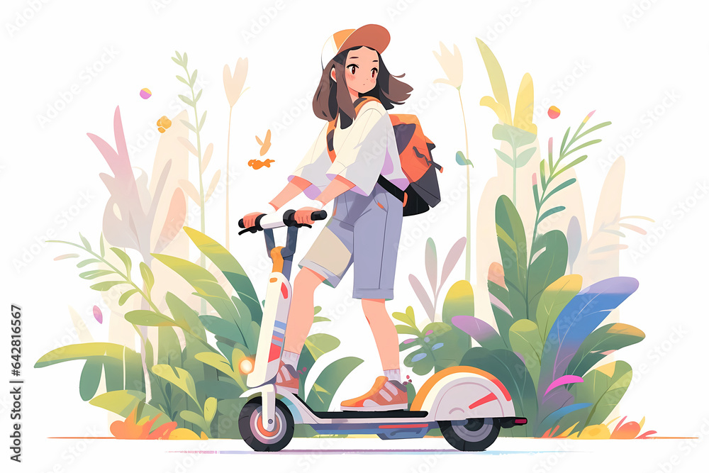 Young woman riding electric scooter eco travel lifestyle illustration
