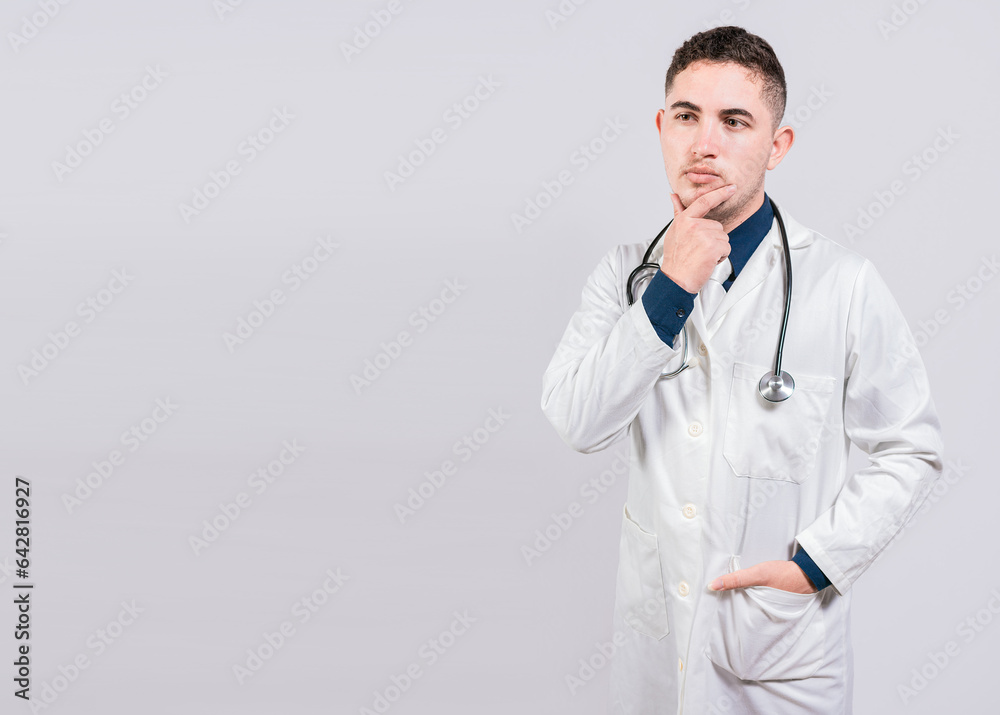 Pensive doctor man looking up. Young doctor thinking and looking up isolated, Doctor thinking with hand on chin Pensive doctor man looking up. Young doctor thinking and looking up isolated, Doctor thinking with hand on chin