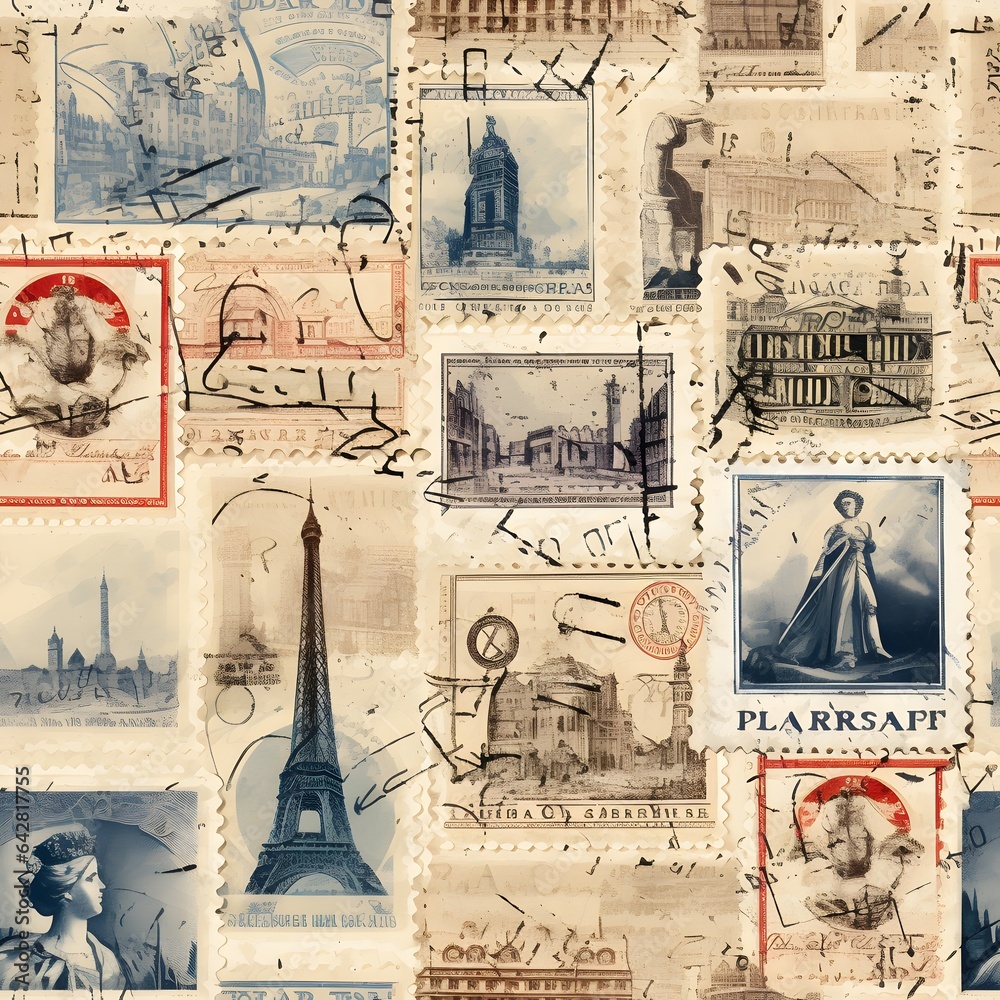 Arrange vintage postcard images and stamps in a collage style seamless pattern for nostalgic, eclectic look. seamless pattern with postage stamps  in retro style
