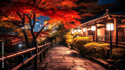 秋のライトアップ、夜に照明で照らされた紅葉の風景