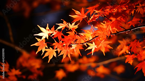 紅葉のライトアップ、夜に照明で照らされたカエデの葉