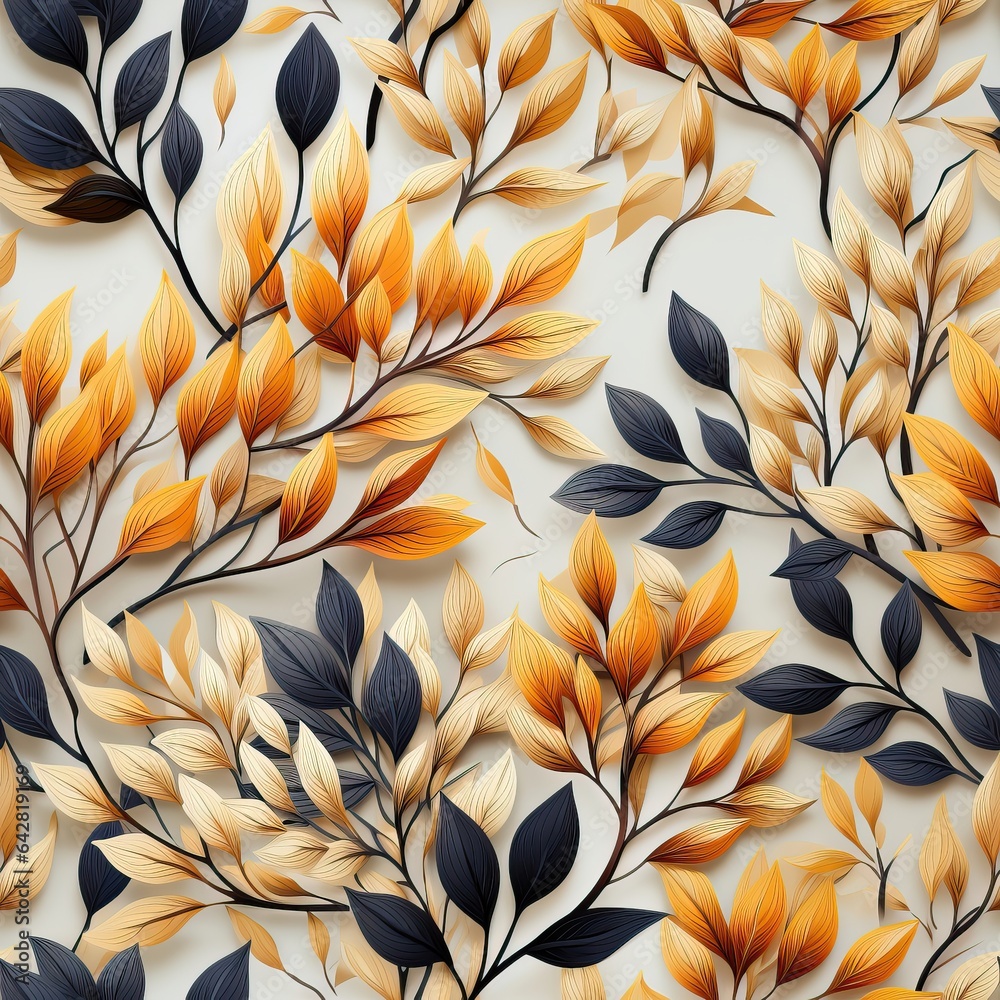 A three-dimensional seamless fall pattern with leaves in white, yellow, and blue colors, offering a visually engaging design. Illustration, Generative AI