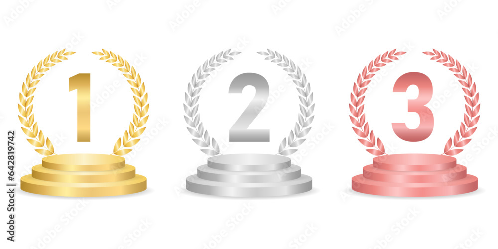 Set of Golden Award on Podium Stage. First, Second and Third Places ...
