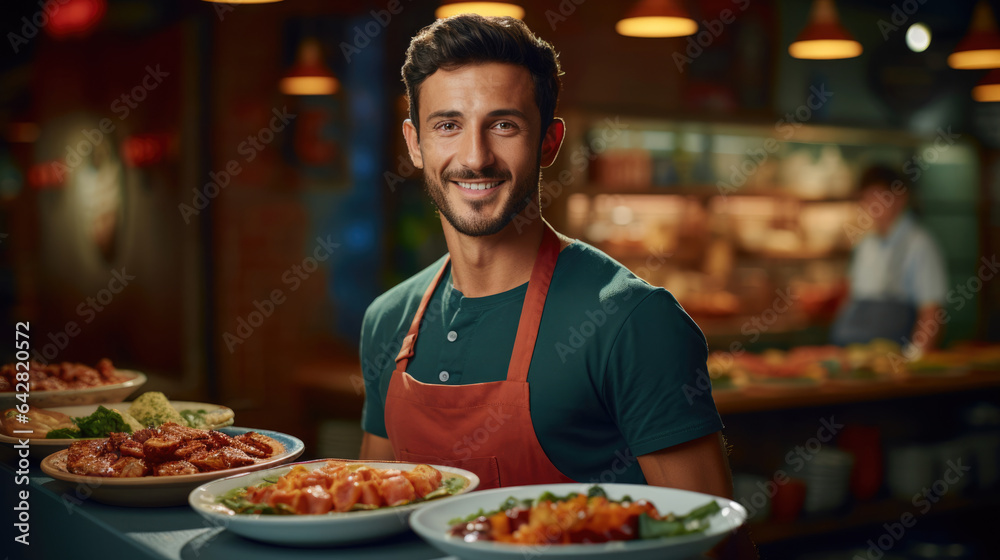 An entrepreneur with a flair for fusion stands before their restaurant, blending cultures on a plate An entrepreneur with a flair for fusion stands before their restaurant, blending cultures on a plate