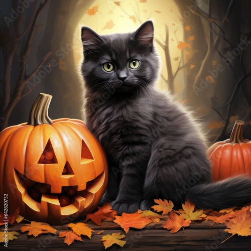 halloween cat with pumpkin © Dinaaf