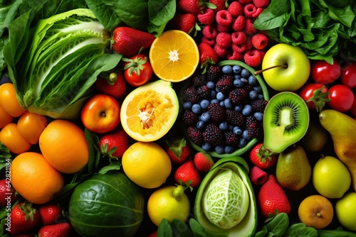 Fresh fruits and vegetables as background, top view. Healthy diet concept.