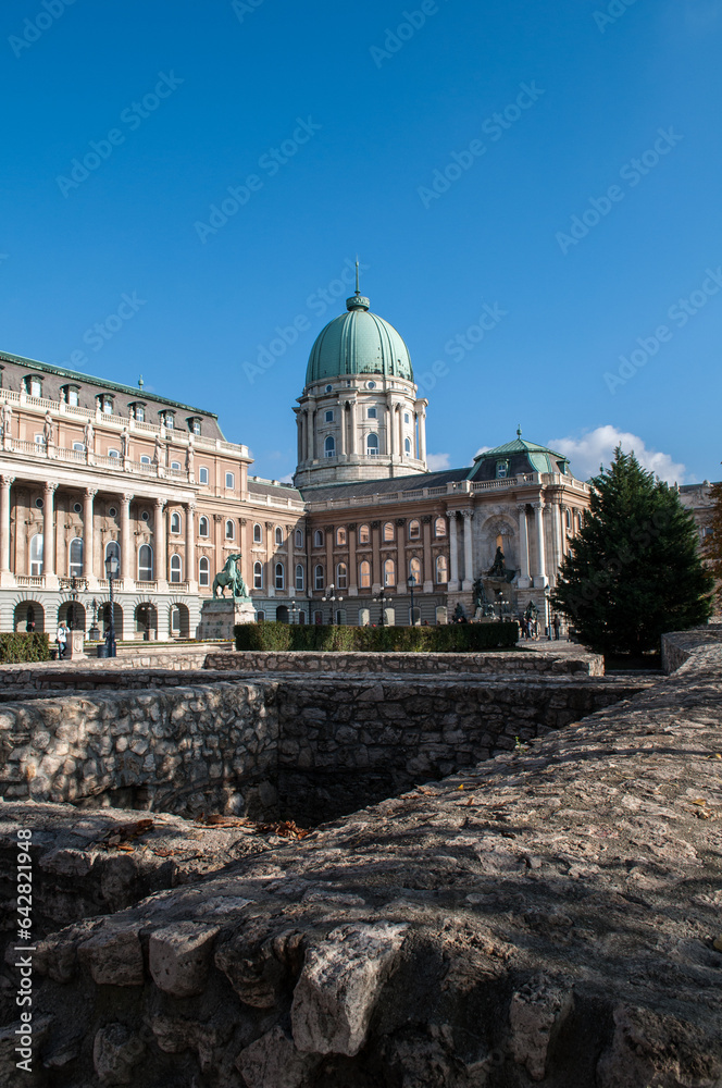 National Gallery and Castle in Budapest, Hungary in autumn with park and garden. Historic building in the city.