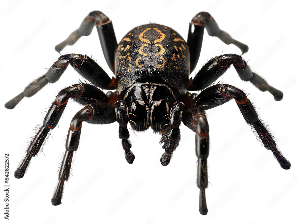 Large black spider with an orange pattern on the body. Spider closeup front view. Isolated on a transparent background. Large black spider with an orange pattern on the body. Spider closeup front view. Isolated on a transparent background.