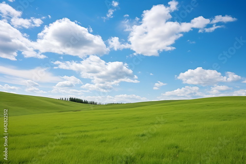 Sky and grass background  fresh green fields under the blue sky in spring